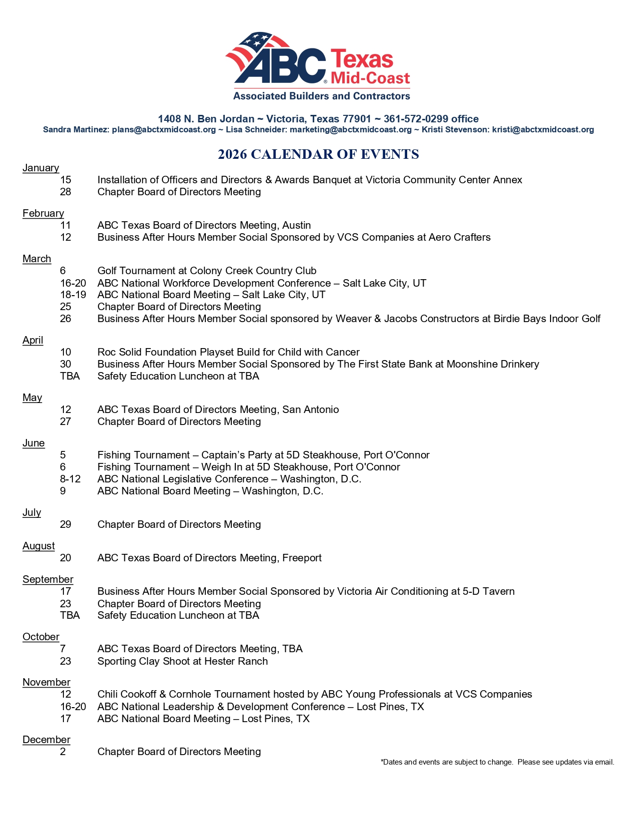 2026 CALENDAR OF EVENTS - members